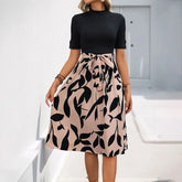 Printed AB Stitching Short Sleeve Lace-up A- Line Skirt  Adomoo